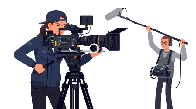 A cameraman operates a large video camera while another person holds a boom microphone.