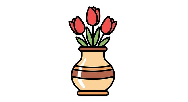 A vibrant illustration of three red tulips arranged beautifully inside a decorative tan vase