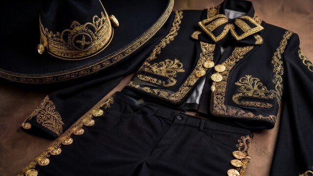 A lavish Charro suit with gold embroidery, jacket, trousers, and sombrero.