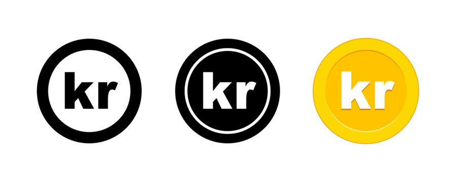 Krona currency symbol icon set with gold coin and black line art variations for financial