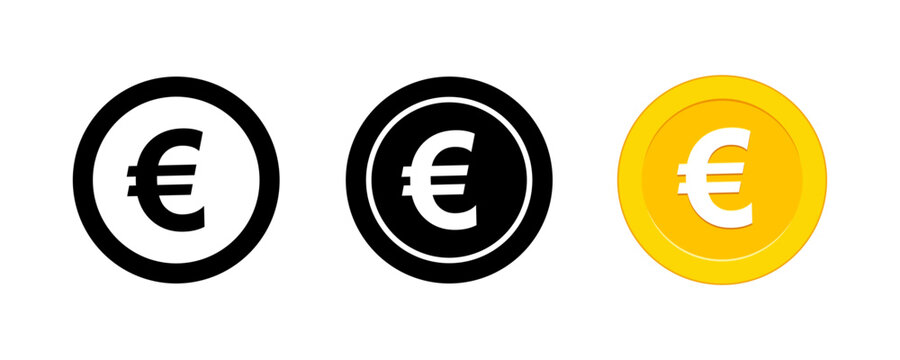 Euro currency coin icon set in flat vector style isolated on white background, money sign symbols for business and finance web design.