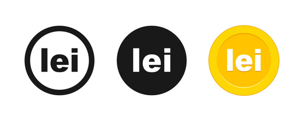 Romanian Leu currency symbol icon set, golden coin and black outline lei sign. Lei currency sign flat vector illustration © AI-Studio