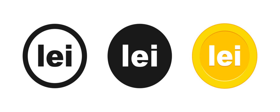 Romanian Leu currency symbol icon set, golden coin and black outline lei sign. Lei currency sign flat vector illustration
