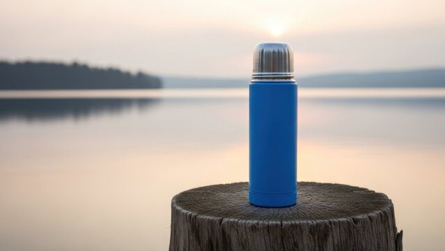 A blue thermos with a silver lid sits on a tree stump by a serene lake at sunset