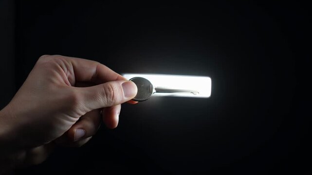 Close-up of a hand holding a small glowing white LED light stick in the dark, concept of illumination, searching, and finding a way in darkness.