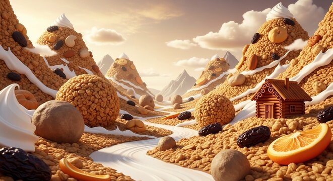 Fantasy landscape made of cereal and snacks with cottage and snowy mountains