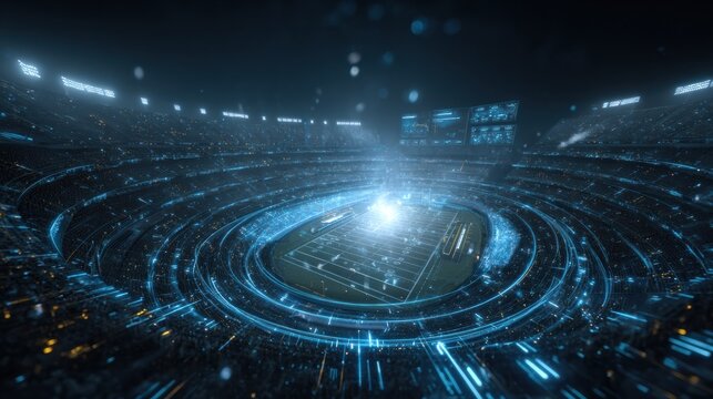 Glowing data streams converge on a football arena, representing a futuristic concept of sports predictions and advanced analytics.