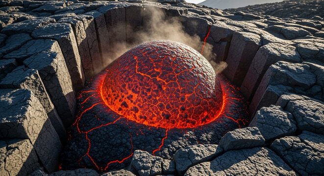 Molten lava dome in volcanic crater with smoke and cracks