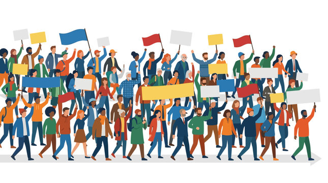 A diverse crowd of people protesting while holding signs and flags in a public area outdoors.