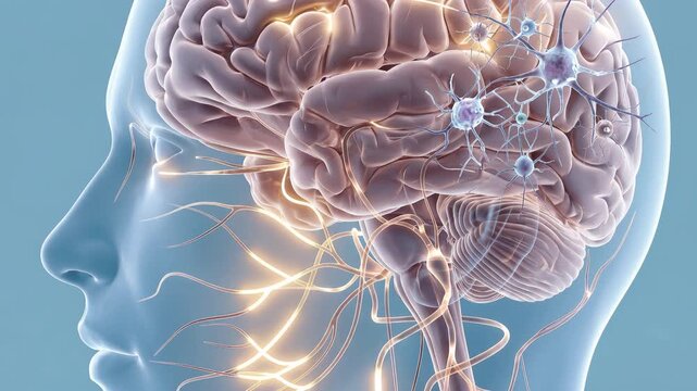 Anatomy mockup showcasing detailed brain structures and microscopic cells, advanced medical science, neuroscience research and healthcare education concept, 4K video