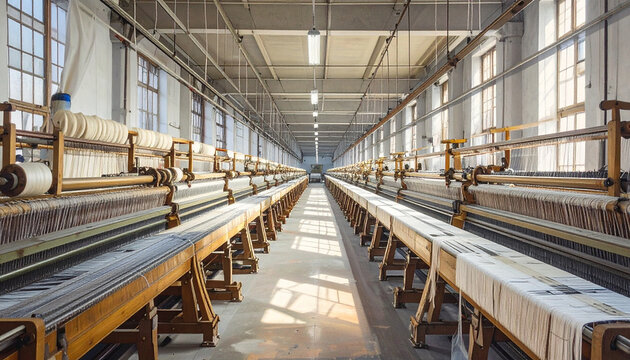 Industrial textile factory with multiple looms weaving fabric