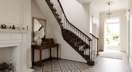 Obraz premium A grand staircase with dark wood steps and ornate metal railings leads up from a hallway with decorative tile flooring. 