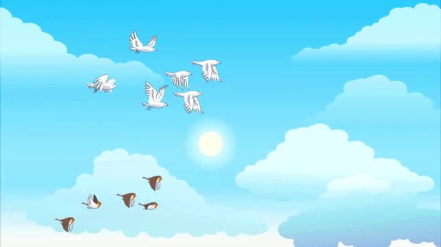 Birds flying across a sunny blue sky filled with beautiful moving white clouds.