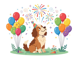 Naklejka premium Vector illustration of a cute brown and white dog wearing a striped party hat, surrounded by bunches of colorful balloons, exploding fireworks, and confetti on a plain white background.