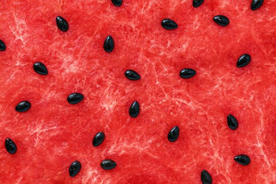 Watermelon pulp macro texture with fresh ripe juicy red fruit and organic seeds