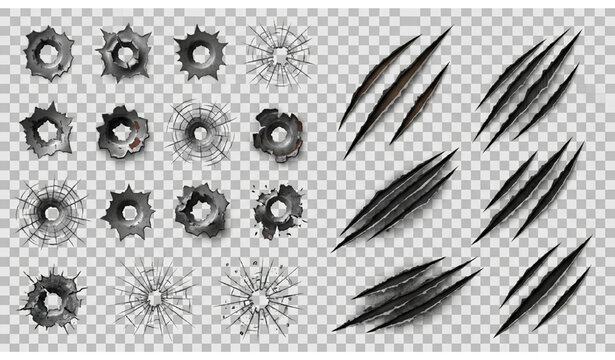 Bullet holes and slash marks raster illustration collection isolated on transparent background