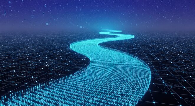 Glowing binary code winding road in dark digital grid landscape