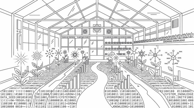 Digital flowers and data charts growing in a futuristic greenhouse