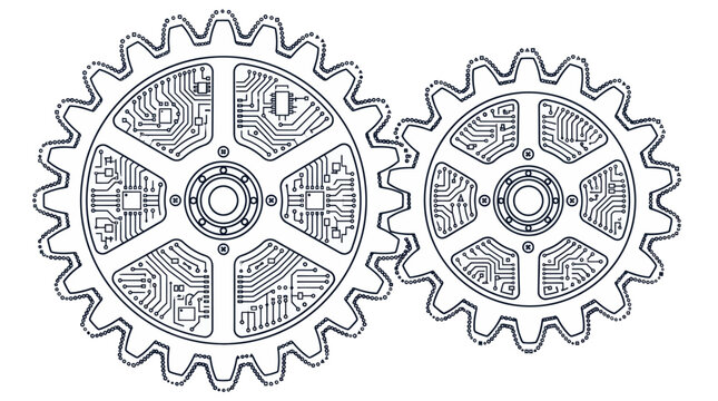 Digital gear icon with integrated circuit board patterns for technology