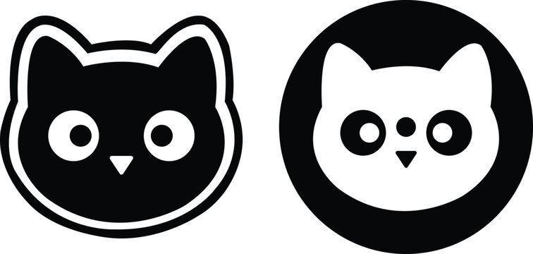 Black and white cat face icons with round eyes and triangular nose vector