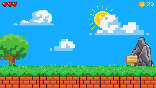Pixel Art Retro Game Background with Green Grass Brick Platform Tree and Sun