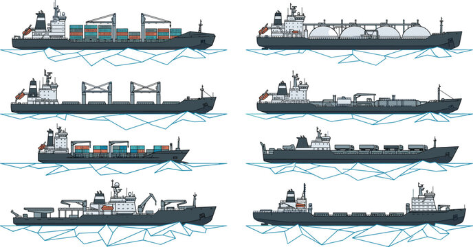 Commercial Merchant Ship Vector Collection with Container Vessels LNG Gas Carriers Oil Tankers Roll on Roll off and Bulk Cargo Ships on Waves
