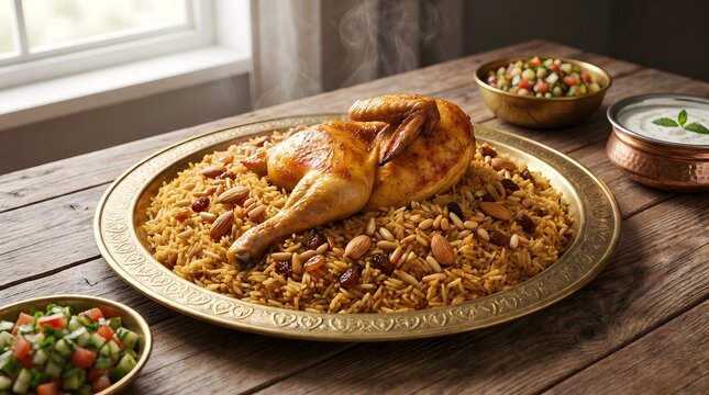 Traditional Arabian roasted chicken mandi rice served with nuts and side salads on wooden table