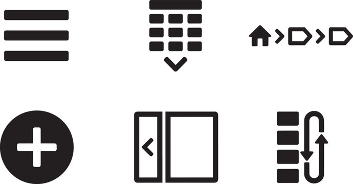 UI and UX navigation web elements vector icons set. Hamburger menu, dropdown grid, breadcrumb trail, add plus button, sidebar collapse, and list sorting reorder concepts.