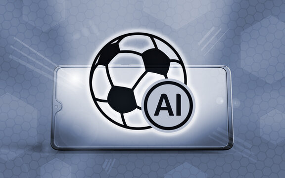 Dieses 3D-Smartphone zeigt eine innovative ai Sport-Analyse App. Die Grafik visualisiert digitale Daten, k&uuml;nstliche Intelligenz und moderne Fu&szlig;ball-Technologie f&uuml;r Fans.