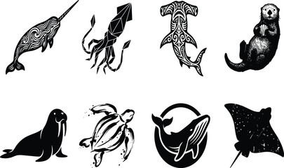Vector silhouette icon set of marine life sea creatures and ocean animals isolated on white background © MdSohel