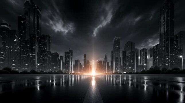 Realistic black and white photography, endless highway crossing through a massive modern city, towering skyscrapers on both sides, dramatic urban architecture, road leading directly toward the city ce