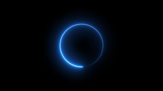 Neon circle frame icon animation glowing blue color loading bar eclipse circle rotation ring round circular smooth effect footage on black background