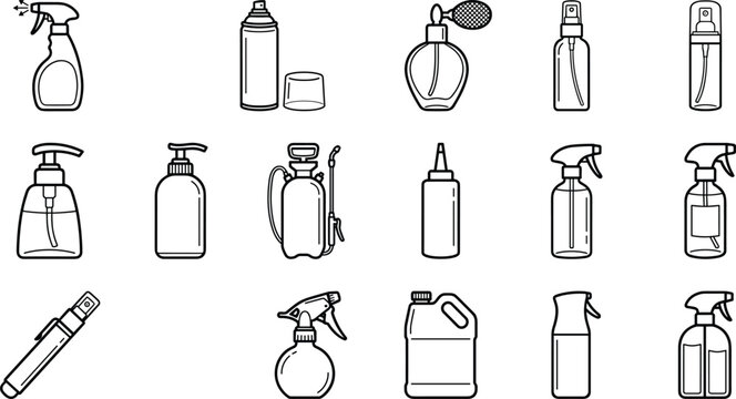 Cosmetic and cleaning spray bottle line art icon set vector featuring dispensers aerosol cans and perfume atomizers isolated on white background