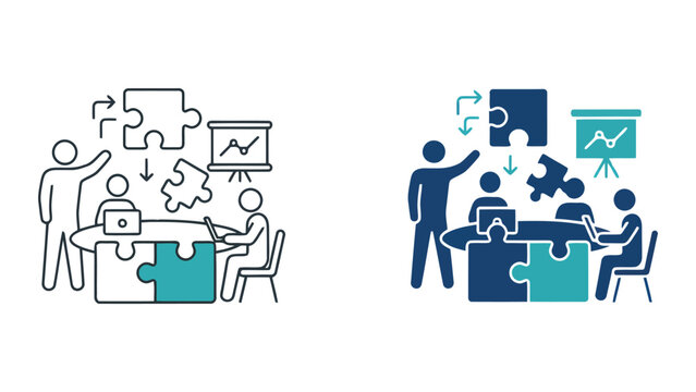 Team problem solving and collaborative project management icons featuring jigsaw puzzles and data analysis for strategic business planning and organizational development concepts