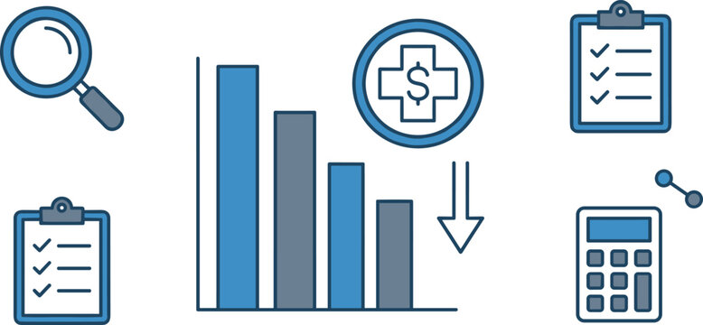 Healthcare Cost Reduction Icon Set with Decreasing Medical Finance Bar Chart Magnifying Glass Clipboard and Calculator Vector Symbols