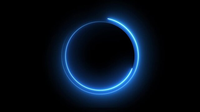 Neon circle frame icon animation glowing blue color loading bar eclipse circle rotation ring round circular smooth effect footage on black background