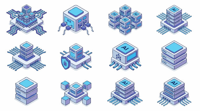 Collection of isometric icons representing artificial intelligence and data processing technology.