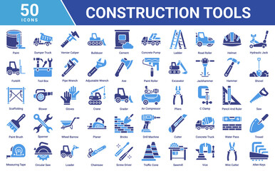Construction Tools icon set collection featuring heavy equipment, repair tools, safety gear, woodworking and building elements for industrial, engineering and contractor projects. © Arjuna