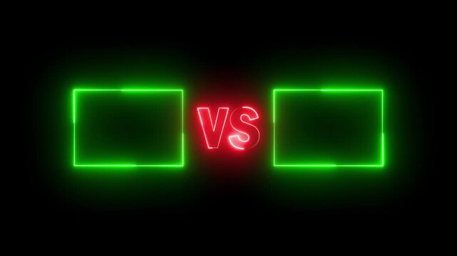 Neon versus icon animation glowing red and green color letter vs v and s sport game match challenge team fight competition sign symbol on black background