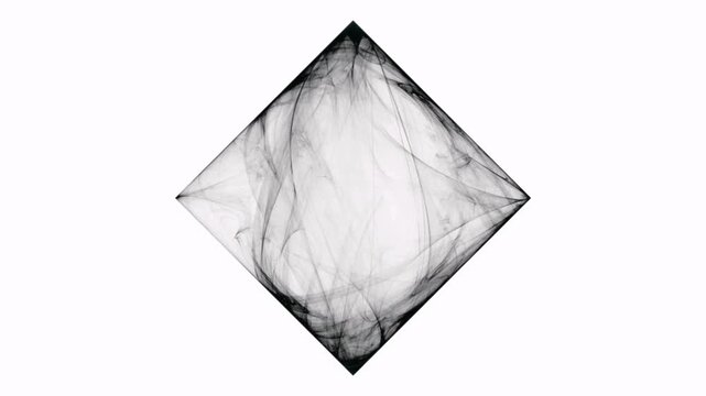 An abstract fractal art animation based on fine black lines on a clean white background. The animation begins with a fractal pattern resembling smoke or a web trapped inside a rhombus (tilted square).