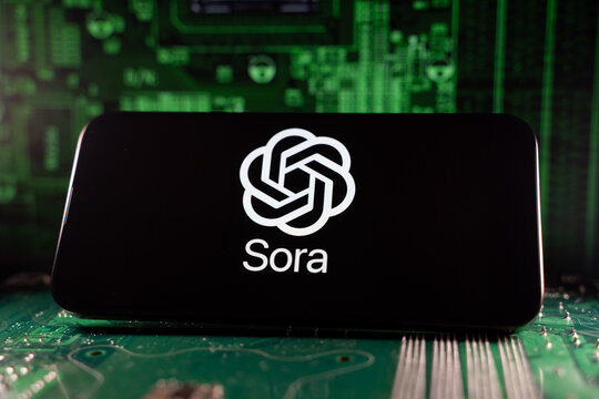 Close up of Sora logo on smartphone screen with motherboard background. Toronto, Canada - June 11, 2026.