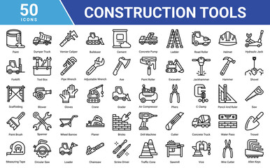 Construction Tools icon set collection featuring heavy equipment, repair tools, safety gear, woodworking and building elements for industrial, engineering and contractor projects. © Arjuna