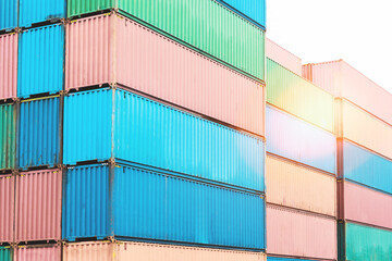 Fototapeta premium Shipping Cargo Containers. Container Terminal at Warehouse Port. Logistics Transportation Industry. Container ships, Global Business Shipping Import-Export. Logistics Warehouse Transportation. 