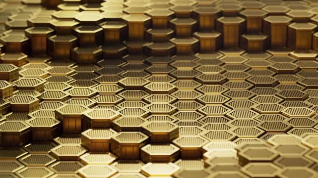 A stretch of metallic gold hexagon-shaped structures that rise and fall in dynamic, smooth waves. Each hexagon's surface features detailed industrial lines with elegant reflections and depth of field.