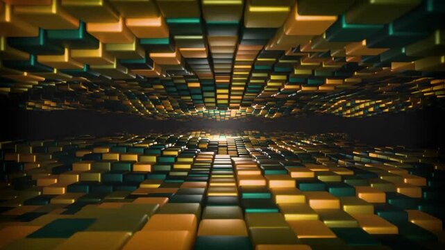 A stretch of matte and metallic textured digital cubes that move dynamically in waves. 