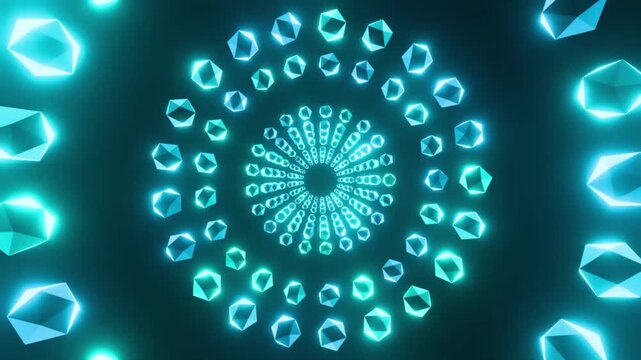 A hypnotic tunnel formed from glowing polyhedral crystals. These geometric elements rotate in a pattern of concentric circles resembling a modern mandala. 