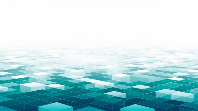 Abstract isometric digital grid landscape with blue turquoise data blocks and copy space
