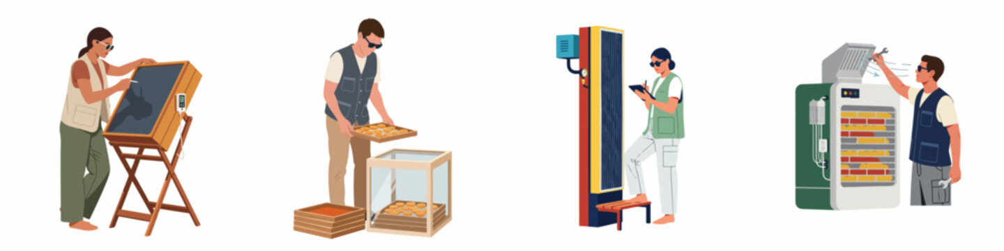 Set of illustrations showing workers operating various industrial food drying and solar dehydration equipment for agricultural and food processing industries.