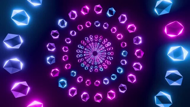 A journey through a circular tunnel (tunnel loop). This tunnel is formed from a geometric polyhedron of crystals or gemstones that glow brightly with a neon VJ effect. 