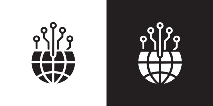Global Circuit Logo with Grid Globe and Network Nodes - Modern Cyber World Communication Symbol, Digital Artificial Intelligence Tech Graphic, and Future Internet Infrastructure Vector